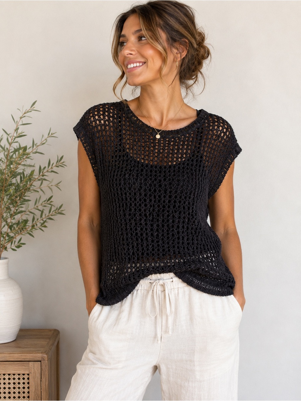 White House Black Market Open Knit Shimmer Sweater Top Black Size S